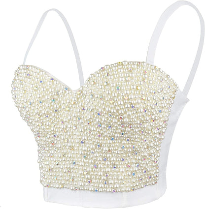 Sexy Pearls Beaded Rhinestone Bustier Crop Top Push up Corset Top with Detachable Straps Medium