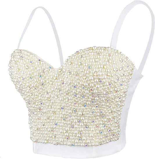 Sexy Pearls Beaded Rhinestone Bustier Crop Top Push up Corset Top with Detachable Straps Medium