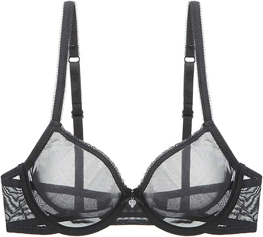 Sexy Sheer See through Bras Unlined Underwire Lace Mesh Non Padded Ultra Thin Clear Bralette Black / 42D