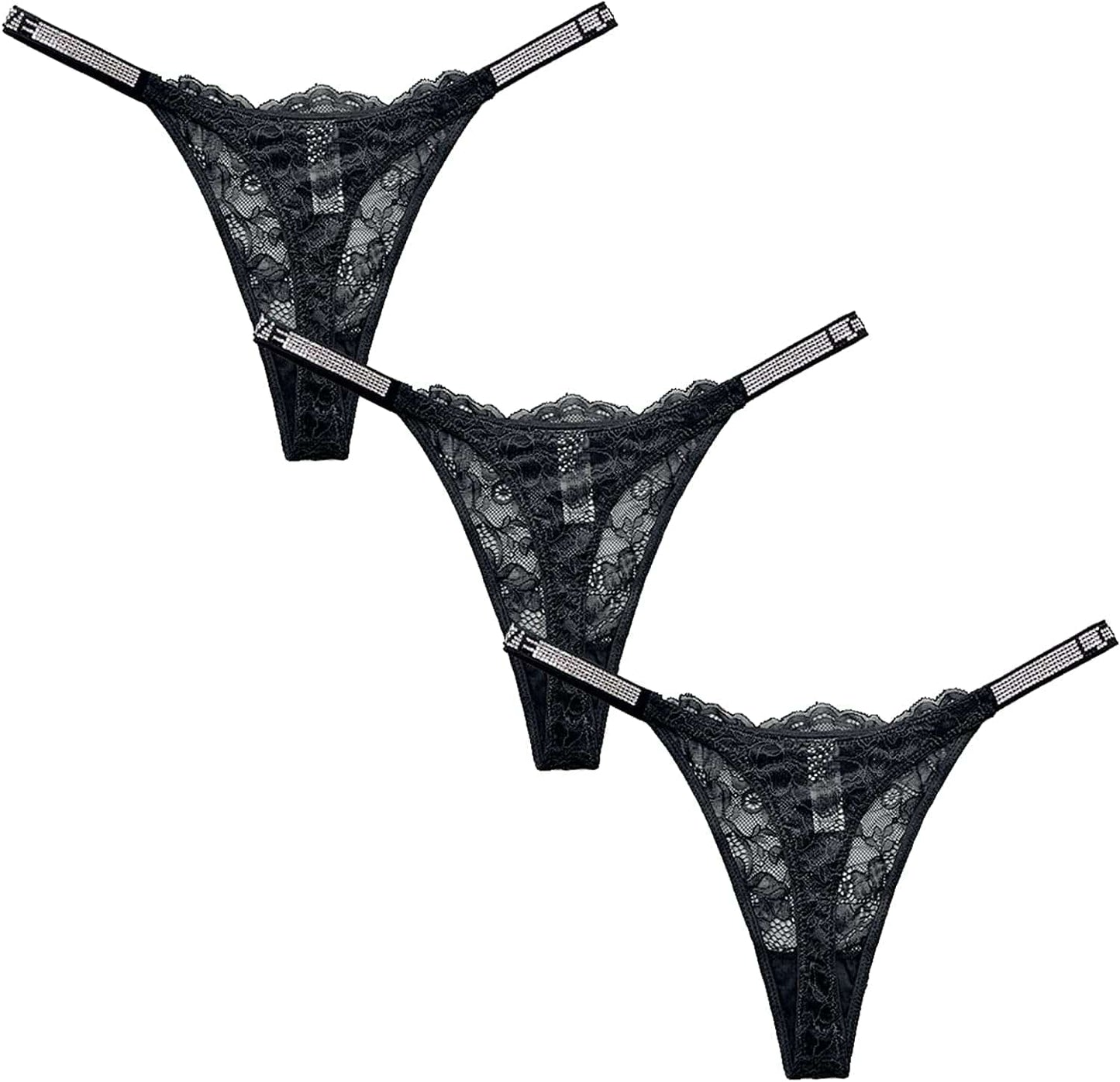 Sexy Thong Panties, Women Rhinestones G-String Low-Rise Tanga Floral Lace Briefs T-Back Thongs Underwear Pack of 3 Black / Large
