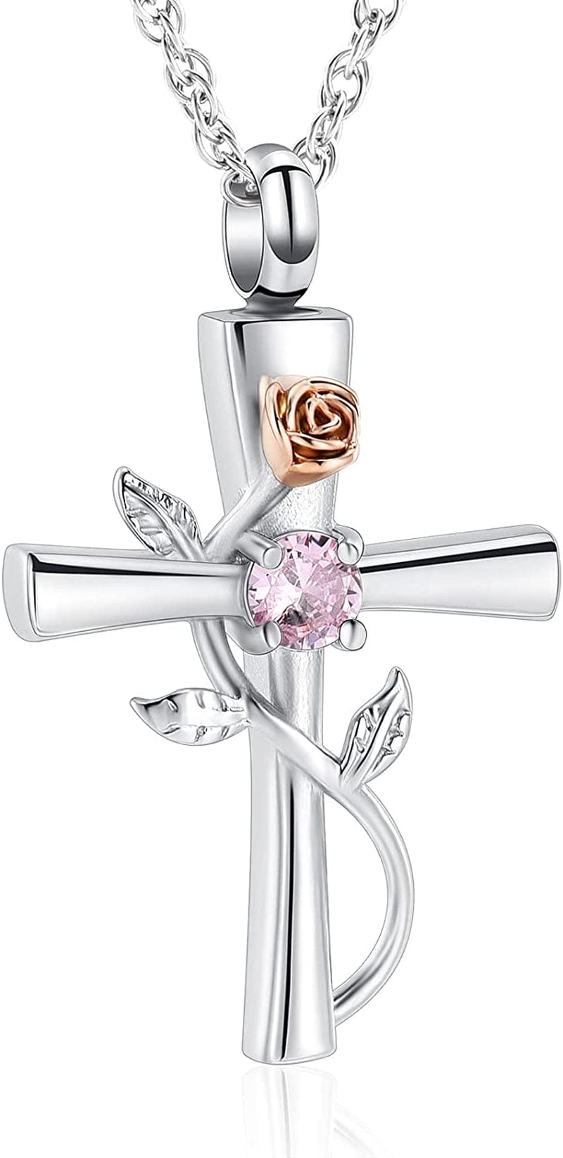 Shajwo Cross Urn Necklace for Ashes Birthstone Rose Flower Cremation Jewelry for Women Gilrs Keepsake Memorial Ashes Pendant Pink