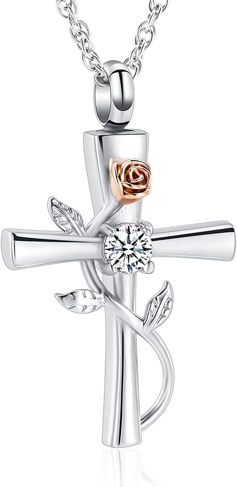Shajwo Cross Urn Necklace for Ashes Birthstone Rose Flower Cremation Jewelry for Women Gilrs Keepsake Memorial Ashes Pendant White