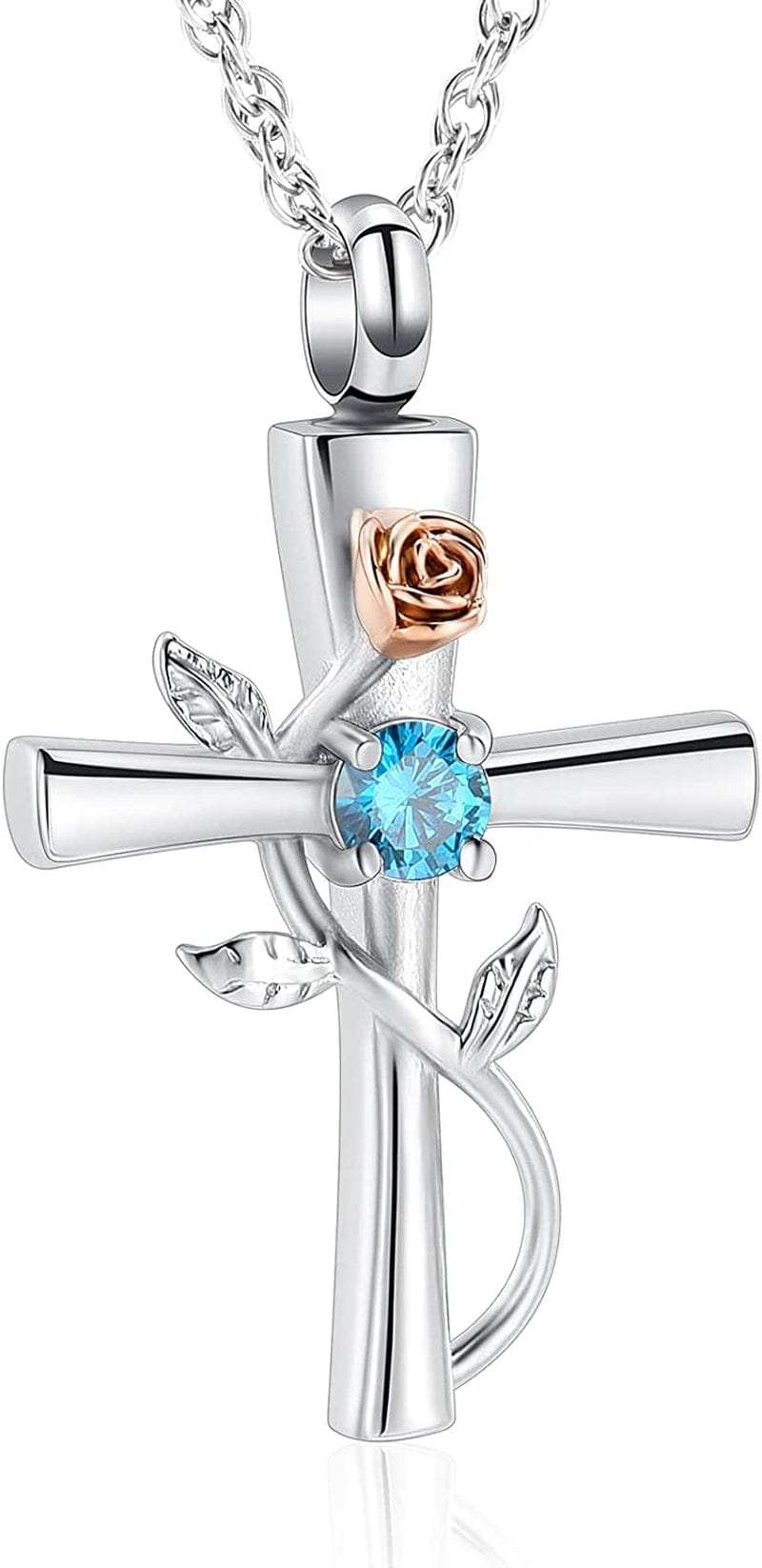 Shajwo Cross Urn Necklace for Ashes Birthstone Rose Flower Cremation Jewelry for Women Gilrs Keepsake Memorial Ashes Pendant Light Blue