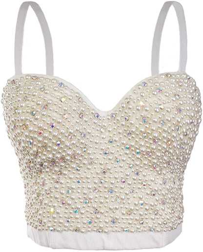 She'Smoda Women'S Rhinestone Beaded Push up Bustier Club Party Crop Top Vest White Pearls / Medium
