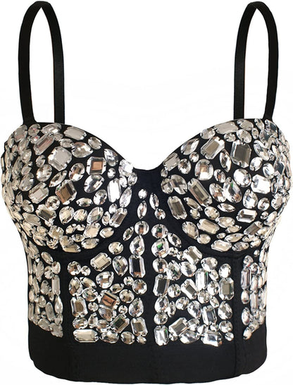 She'Smoda Women'S Rhinestone Beaded Push up Bustier Club Party Crop Top Vest Silver Rhinestones / Small