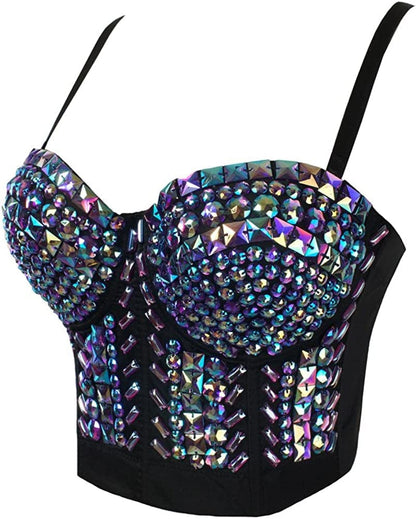 She'Smoda Women'S Rhinestone Beaded Push up Bustier Club Party Crop Top Vest