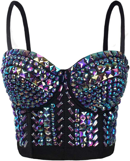 She'Smoda Women'S Rhinestone Beaded Push up Bustier Club Party Crop Top Vest Purple Rhinestones / Large