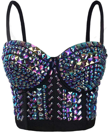 She'Smoda Women'S Rhinestone Beaded Push up Bustier Club Party Crop Top Vest Purple Rhinestones / Large