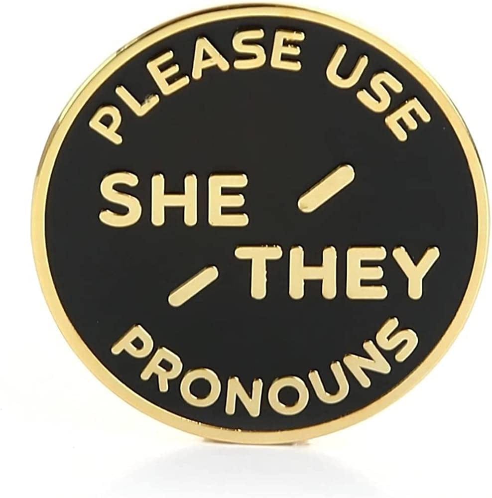 She They Pronoun Brooch Button Non-Binary Badge Enamel Lapel Pin - NB Pride Genderqueer Gender Identity Pin Gold