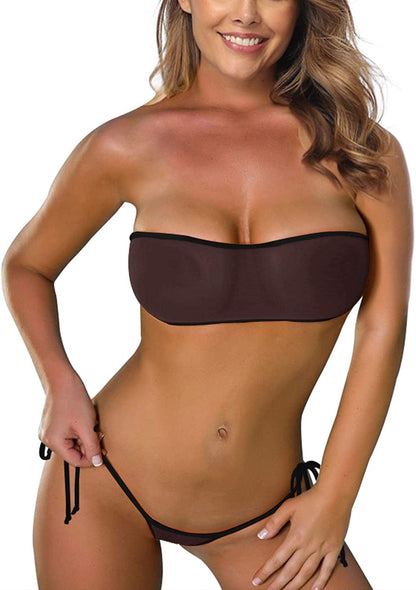 Sheer Bikini See through Bikinis Bandeau Top Mini Brazilian Thong Bottom Micro Mesh Bathing Suit Black
