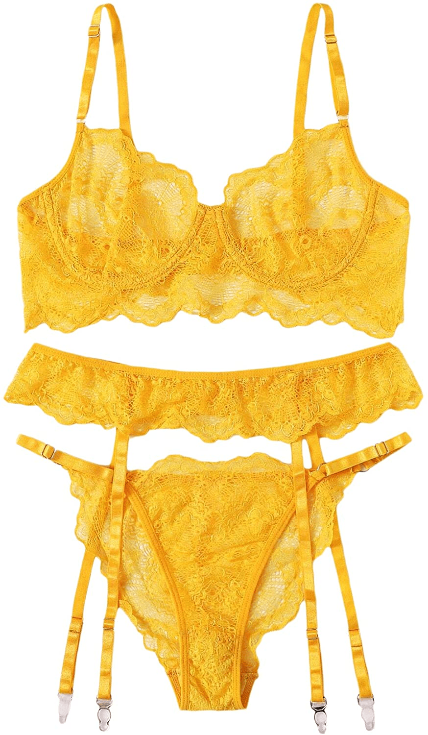 Shein Women'S 3 Piece Floral Lace Lingerie Set with Garter Belts Sexy Bra and Panty Apparel & Accessories > Clothing > Underwear & Socks > Lingerie SheIn Yellow Small 