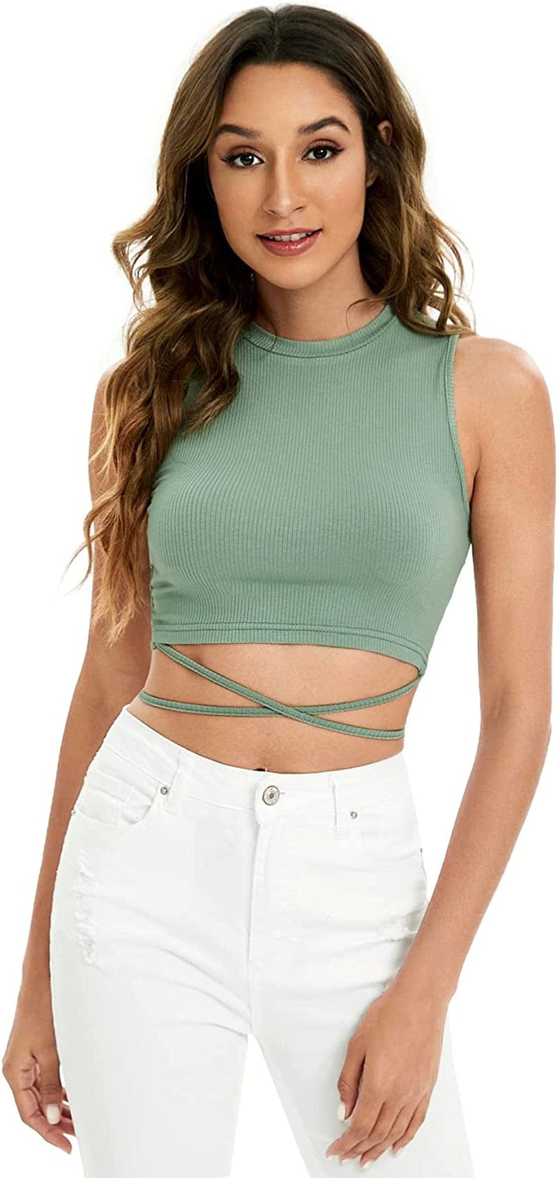 Shein Women'S Crisscross Tie Back Crop Top Sleeveless round Neck Tank Tops Light Green / X-Large