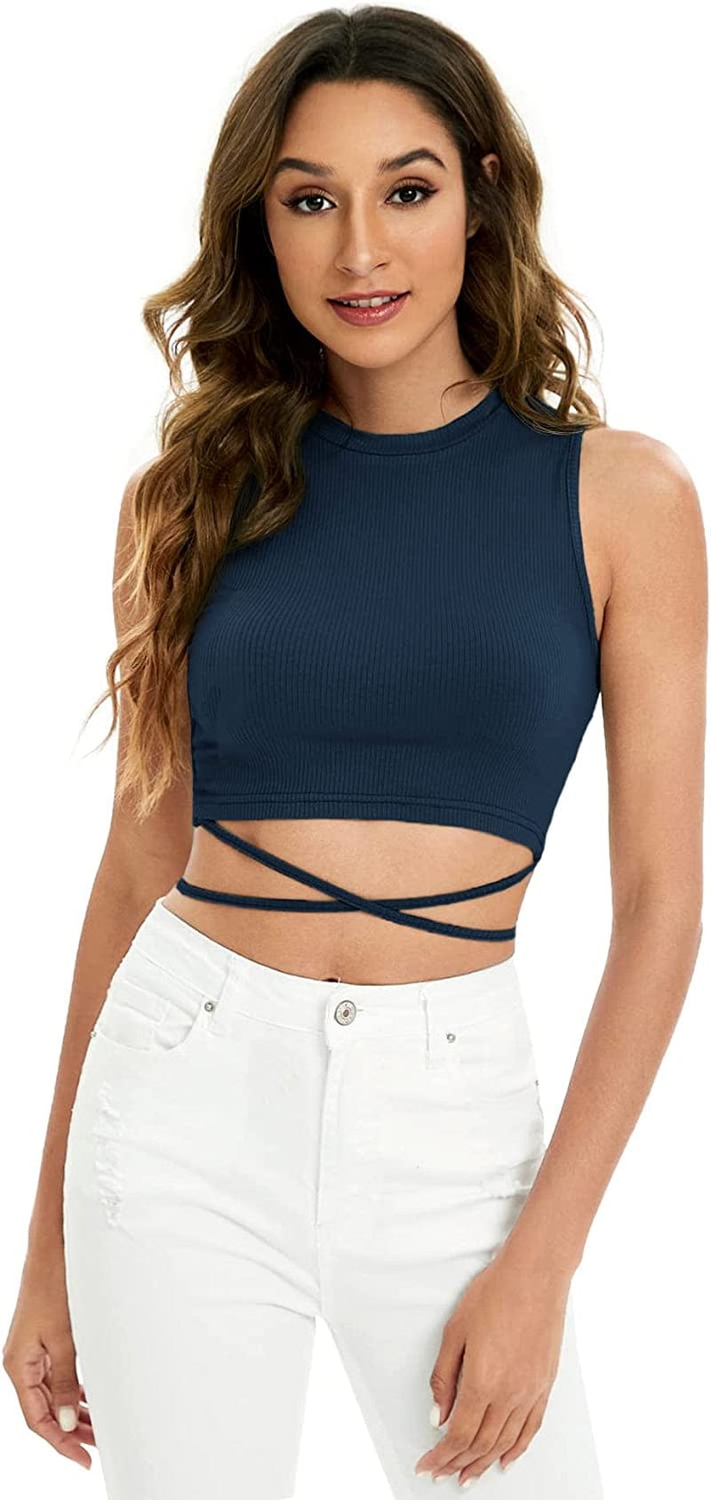 Shein Women'S Crisscross Tie Back Crop Top Sleeveless round Neck Tank Tops Solid Blue / X-Large