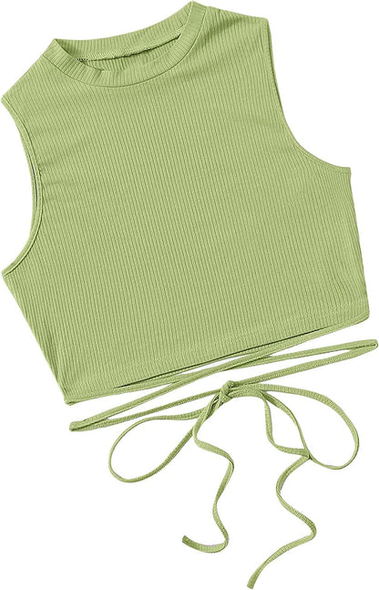 Shein Women'S Crisscross Tie Back Crop Top Sleeveless round Neck Tank Tops Solid Green / X-Large