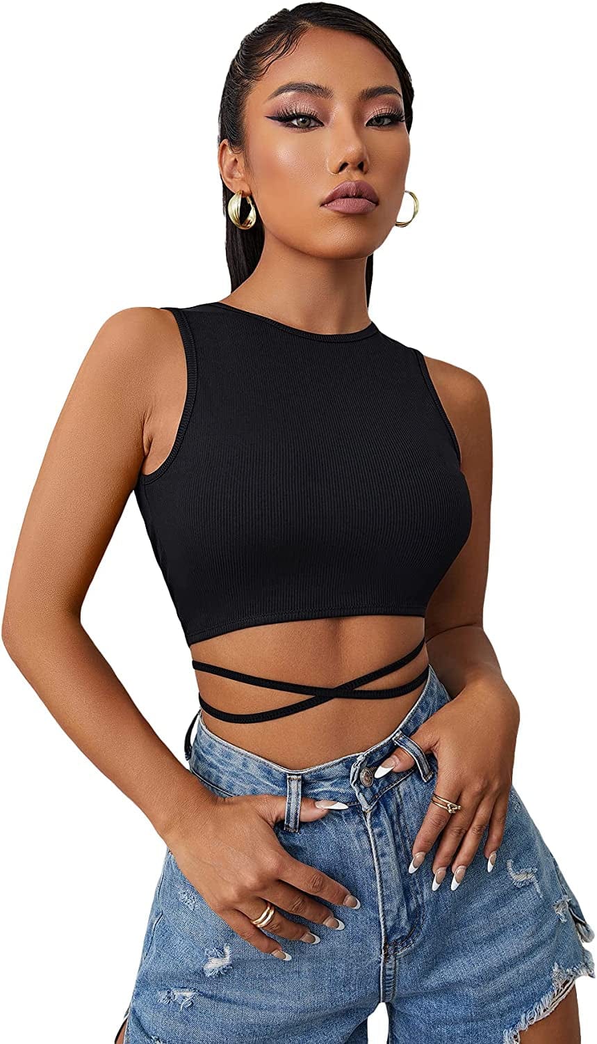 Shein Women'S Crisscross Tie Back Crop Top Sleeveless round Neck Tank Tops Black Backless / Medium
