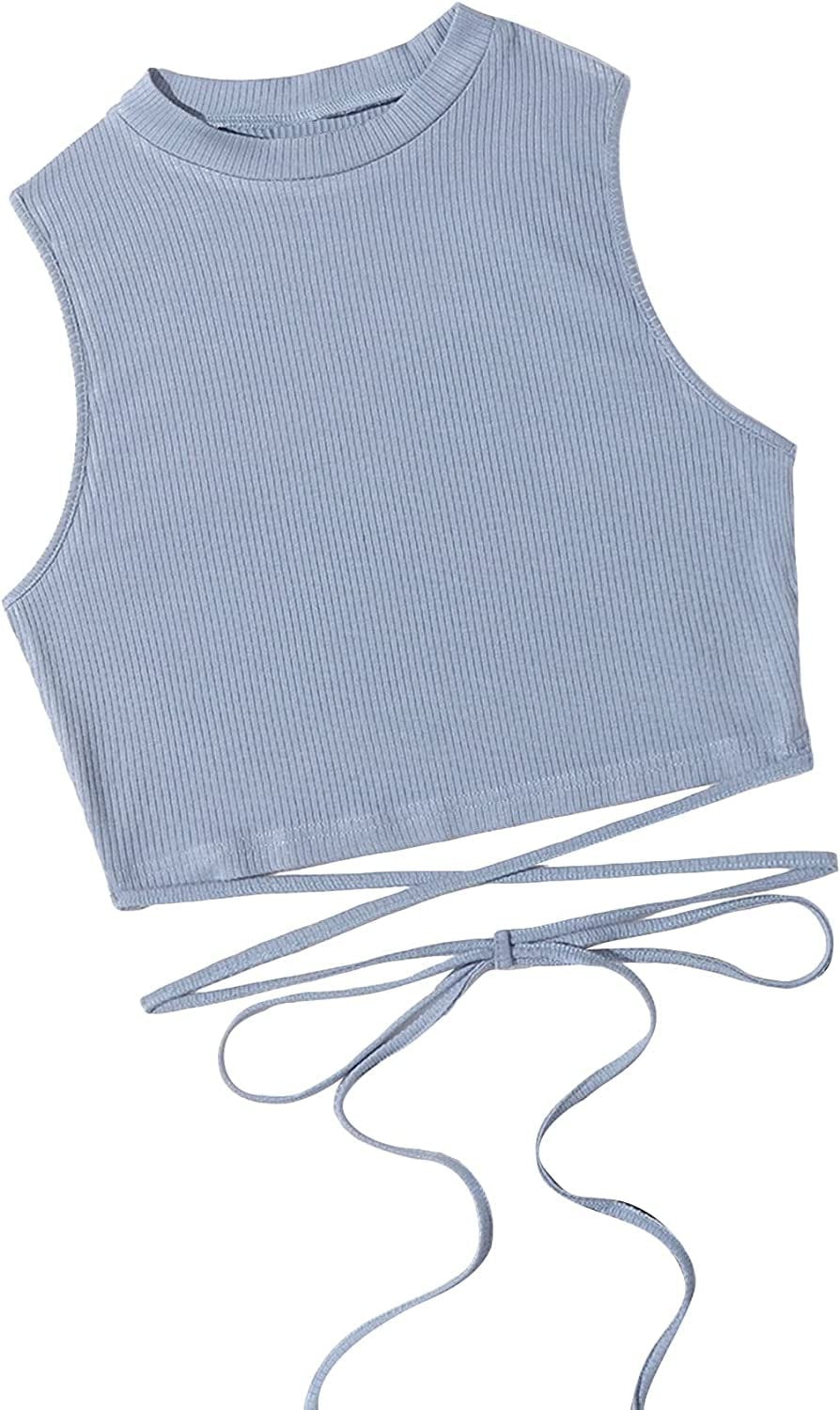 Shein Women'S Crisscross Tie Back Crop Top Sleeveless round Neck Tank Tops Dusty Blue / X-Large
