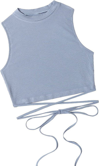 Shein Women'S Crisscross Tie Back Crop Top Sleeveless round Neck Tank Tops Dusty Blue / X-Large