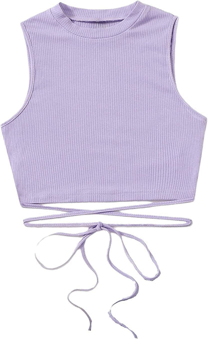 Shein Women'S Crisscross Tie Back Crop Top Sleeveless round Neck Tank Tops Purple / X-Large