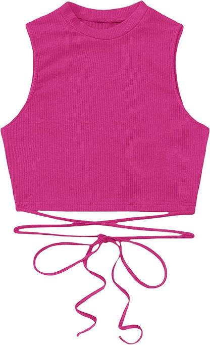Shein Women'S Crisscross Tie Back Crop Top Sleeveless round Neck Tank Tops Hot Pink / X-Large