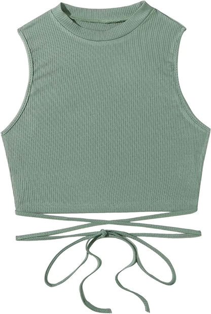 Shein Women'S Crisscross Tie Back Crop Top Sleeveless round Neck Tank Tops Mint Green / X-Large