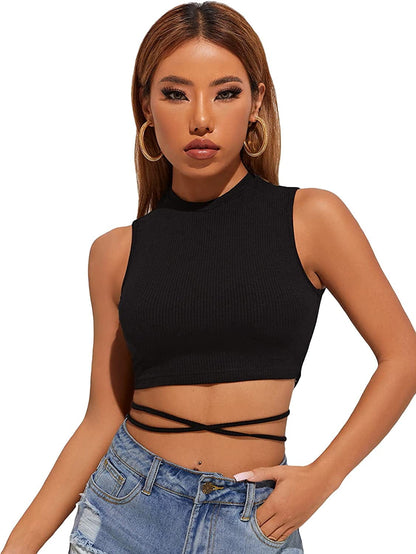 Shein Women'S Crisscross Tie Back Crop Top Sleeveless round Neck Tank Tops Black Petite / Medium