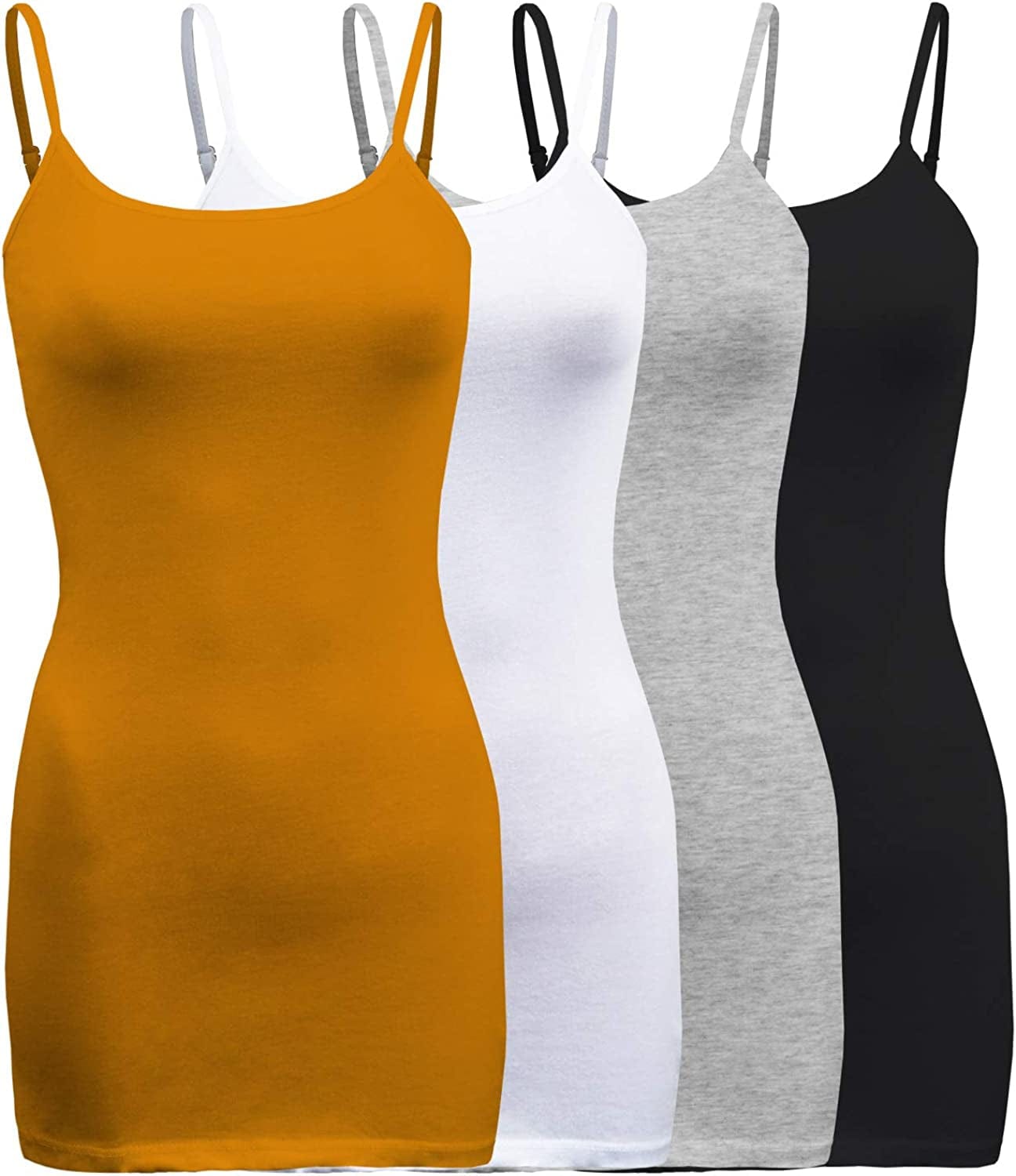 Shezpretty 4 Pack - Women'S Basic Cami with Adjustable Spaghetti Straps Tank Top Dark Mustard/White/Black/H.grey / 3X-Large