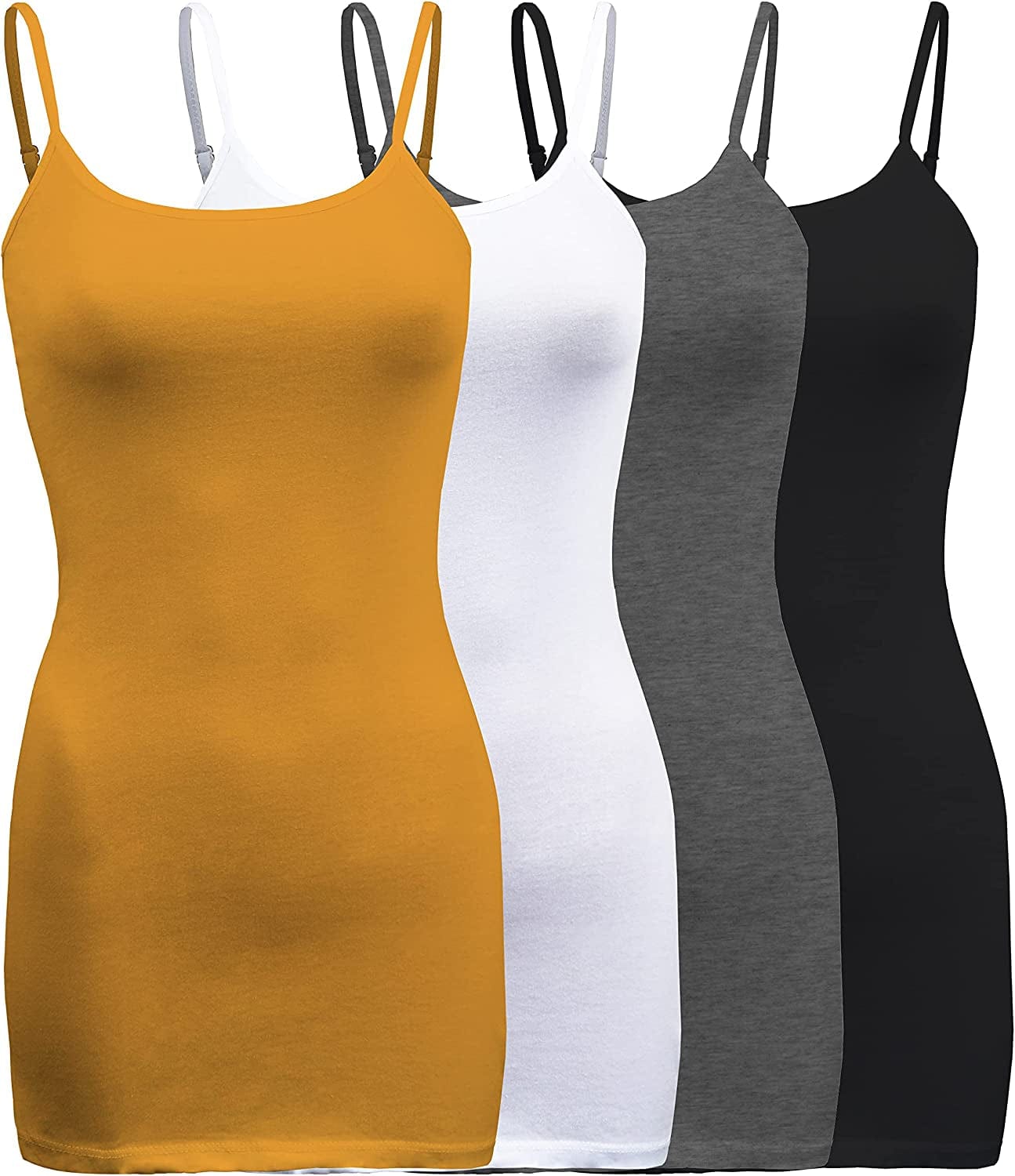 Shezpretty 4 Pack - Women'S Basic Cami with Adjustable Spaghetti Straps Tank Top Mustard/White/Black/Charcoal Grey / XX-Large