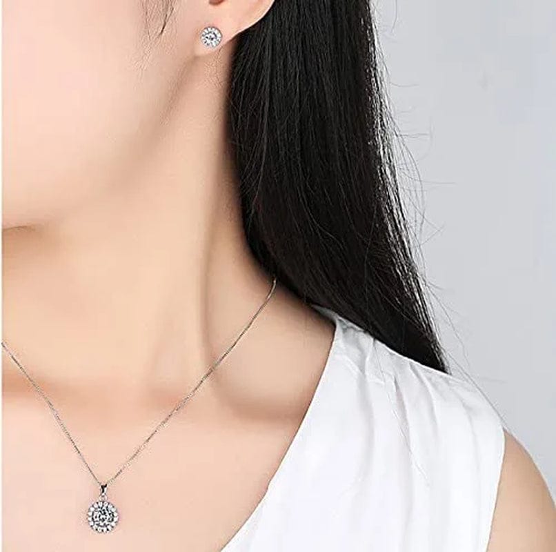 Shiny Cubic Zirconia Ring Zirconium Crystal Necklace for Women Cubic Zirconia Earrings Studs Adjustable Bracelets 18K White Gold-Plated Halo CZ Hypoallergenic Jewelry Set Pack of 4 for Wedding Mom Mother Anniversary