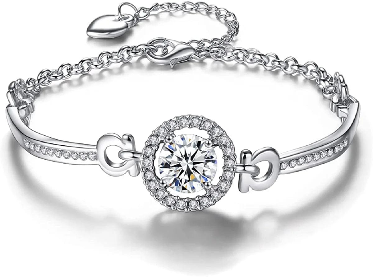 Shiny Cubic Zirconia Ring Zirconium Crystal Necklace for Women Cubic Zirconia Earrings Studs Adjustable Bracelets 18K White Gold-Plated Halo CZ Hypoallergenic Jewelry Set Pack of 4 for Wedding Mom Mother Anniversary