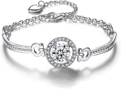 Shiny Cubic Zirconia Ring Zirconium Crystal Necklace for Women Cubic Zirconia Earrings Studs Adjustable Bracelets 18K White Gold-Plated Halo CZ Hypoallergenic Jewelry Set Pack of 4 for Wedding Mom Mother Anniversary