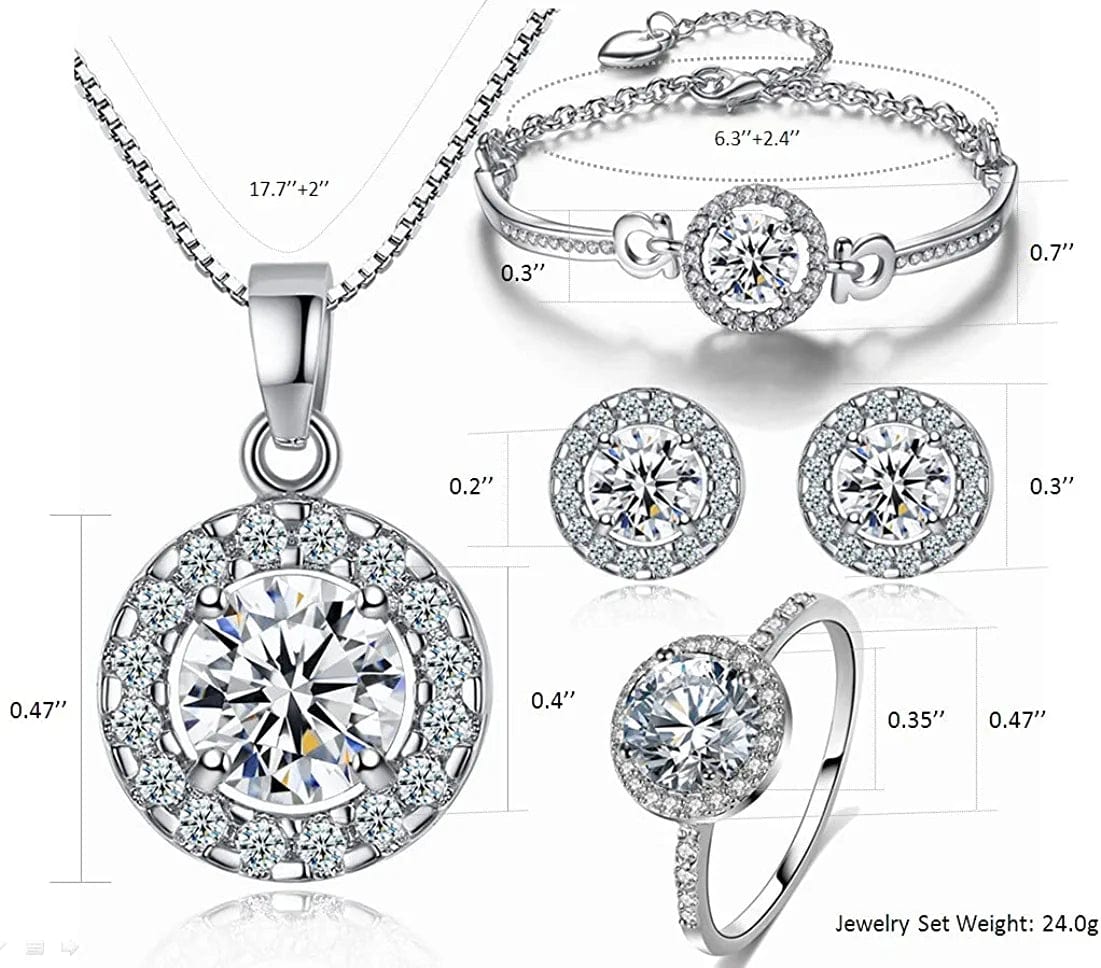 Shiny Cubic Zirconia Ring Zirconium Crystal Necklace for Women Cubic Zirconia Earrings Studs Adjustable Bracelets 18K White Gold-Plated Halo CZ Hypoallergenic Jewelry Set Pack of 4 for Wedding Mom Mother Anniversary