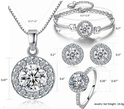 Shiny Cubic Zirconia Ring Zirconium Crystal Necklace for Women Cubic Zirconia Earrings Studs Adjustable Bracelets 18K White Gold-Plated Halo CZ Hypoallergenic Jewelry Set Pack of 4 for Wedding Mom Mother Anniversary