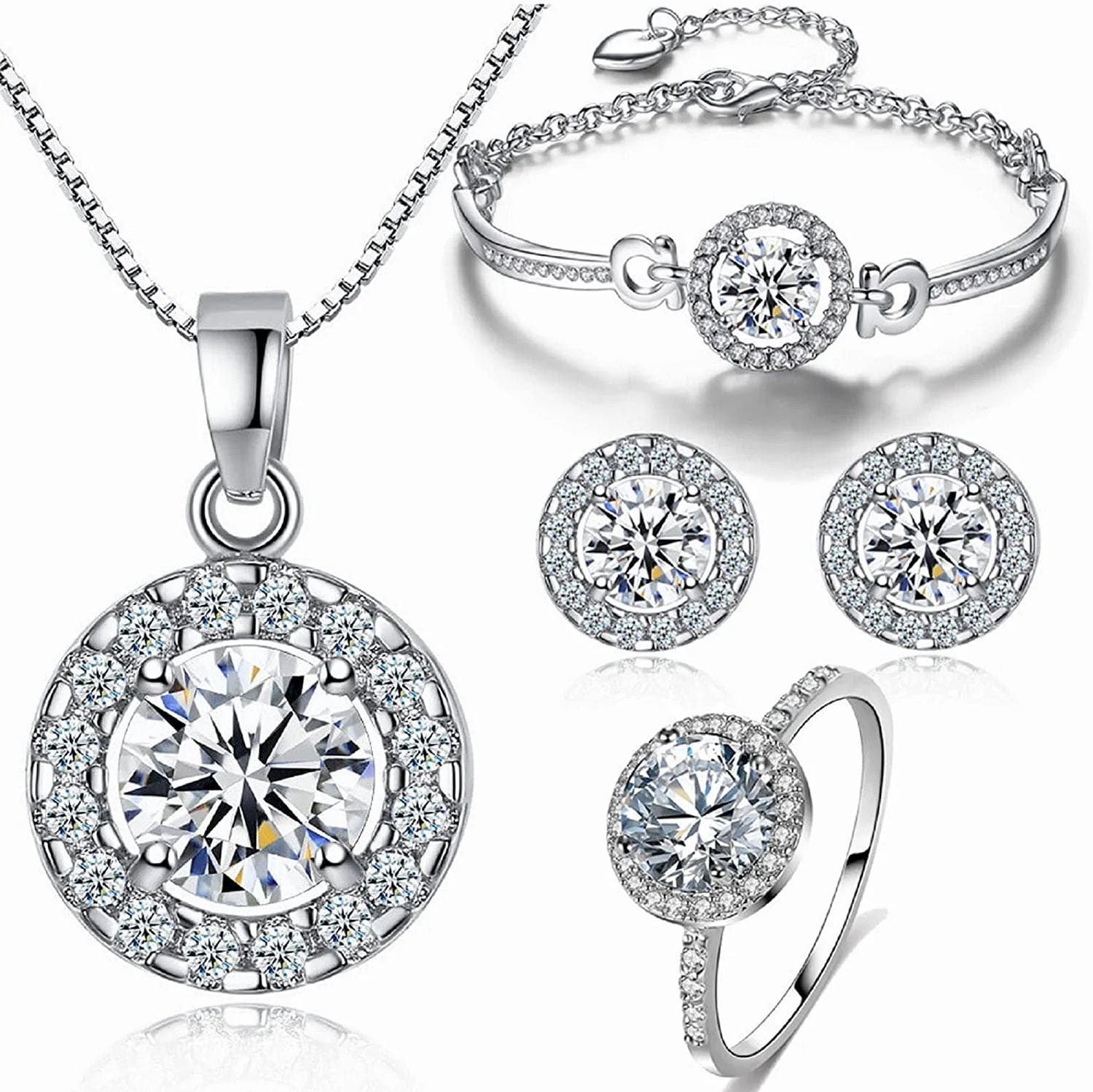 Shiny Cubic Zirconia Ring Zirconium Crystal Necklace for Women Cubic Zirconia Earrings Studs Adjustable Bracelets 18K White Gold-Plated Halo CZ Hypoallergenic Jewelry Set Pack of 4 for Wedding Mom Mother Anniversary 7#