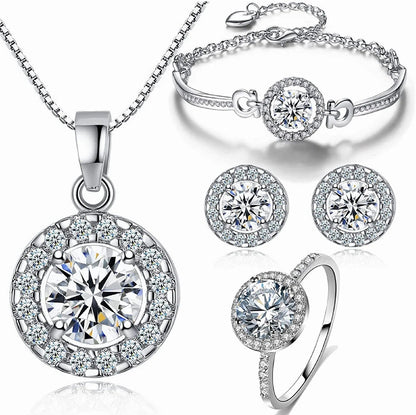 Shiny Cubic Zirconia Ring Zirconium Crystal Necklace for Women Cubic Zirconia Earrings Studs Adjustable Bracelets 18K White Gold-Plated Halo CZ Hypoallergenic Jewelry Set Pack of 4 for Wedding Mom Mother Anniversary 7#