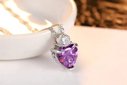 Shiny Fashion Crystal Rhinestone Love Heart Pendent Necklace Stud Earrings Jewelry Set for Women Lady Girl (Light Purple)