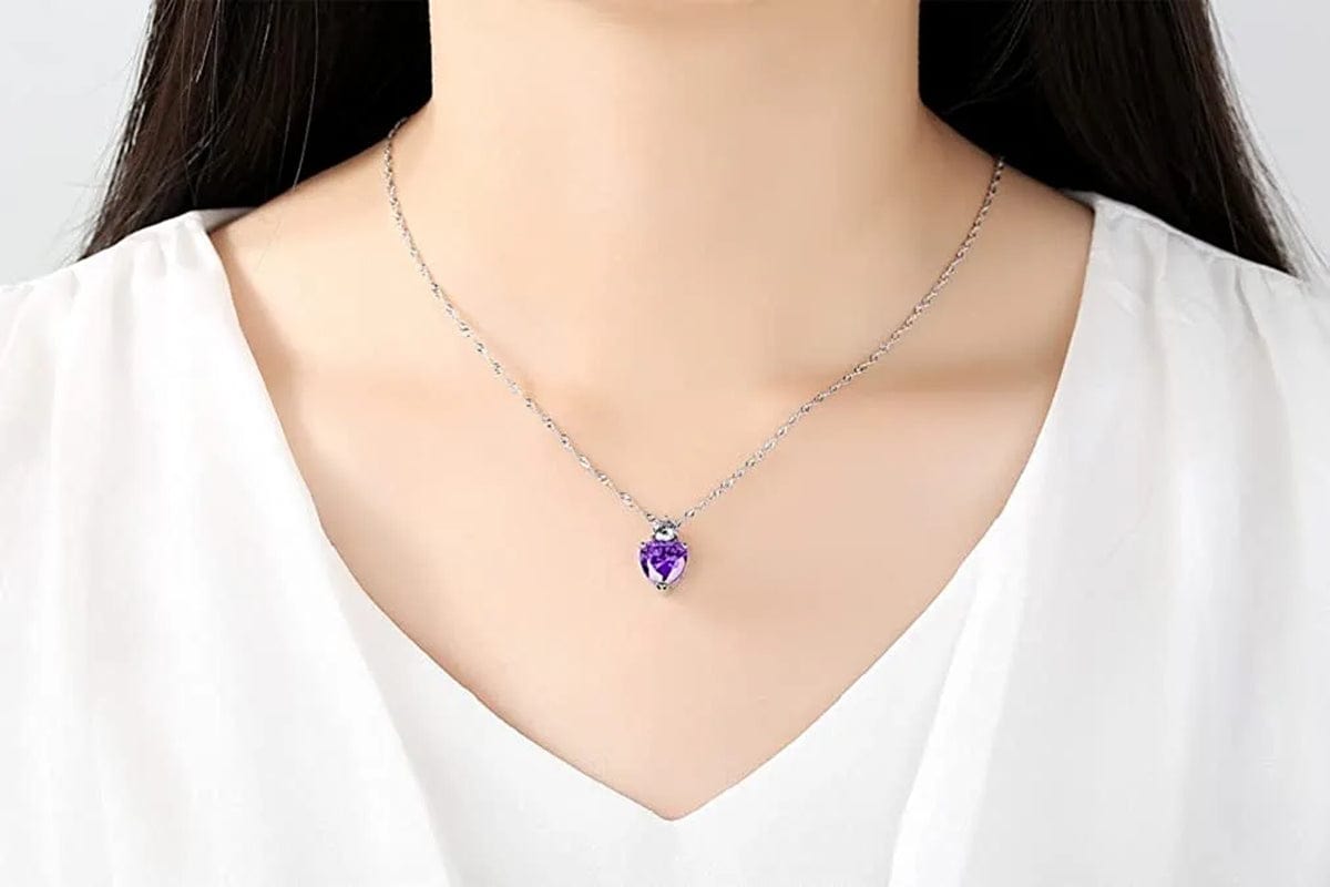 Shiny Fashion Crystal Rhinestone Love Heart Pendent Necklace Stud Earrings Jewelry Set for Women Lady Girl (Light Purple)