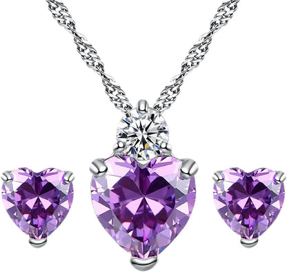 Shiny Fashion Crystal Rhinestone Love Heart Pendent Necklace Stud Earrings Jewelry Set for Women Lady Girl (Light Purple)