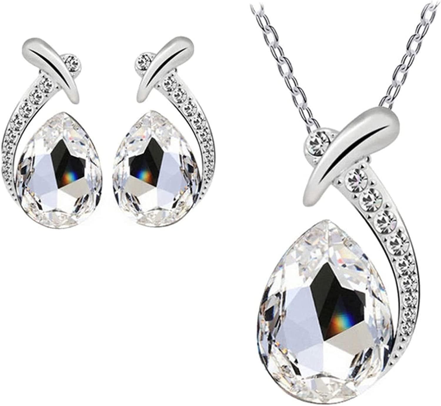 Shiny Fashion Crystal Rhinstone Teardrop Pendent Chain Necklace Stud Earrings Jewelry Set for Women Lady Wife Wedding Birthday Party Prom Gifts White