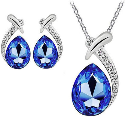 Shiny Fashion Crystal Rhinstone Teardrop Pendent Chain Necklace Stud Earrings Jewelry Set for Women Lady Wife Wedding Birthday Party Prom Gifts Royal Blue