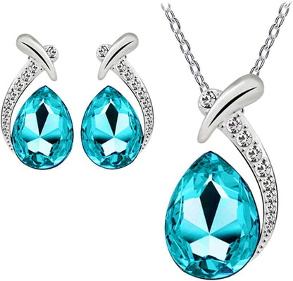 Shiny Fashion Crystal Rhinstone Teardrop Pendent Chain Necklace Stud Earrings Jewelry Set for Women Lady Wife Wedding Birthday Party Prom Gifts Sky Blue