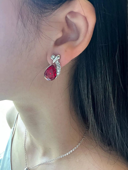 Shiny Fashion Crystal Rhinstone Teardrop Pendent Chain Necklace Stud Earrings Jewelry Set for Women Lady Wife Wedding Birthday Party Prom Gifts