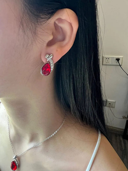 Shiny Fashion Crystal Rhinstone Teardrop Pendent Chain Necklace Stud Earrings Jewelry Set for Women Lady Wife Wedding Birthday Party Prom Gifts