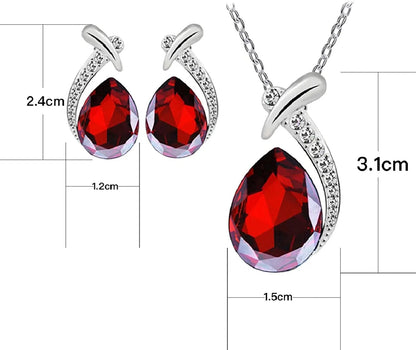 Shiny Fashion Crystal Rhinstone Teardrop Pendent Chain Necklace Stud Earrings Jewelry Set for Women Lady Wife Wedding Birthday Party Prom Gifts
