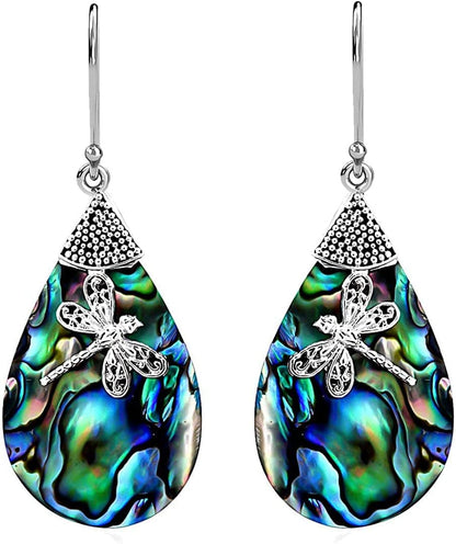 Shop LC Blue Abalone Shell Dangle Drop Earrings for Women 925 Sterling Silver Beach dragonfly motif