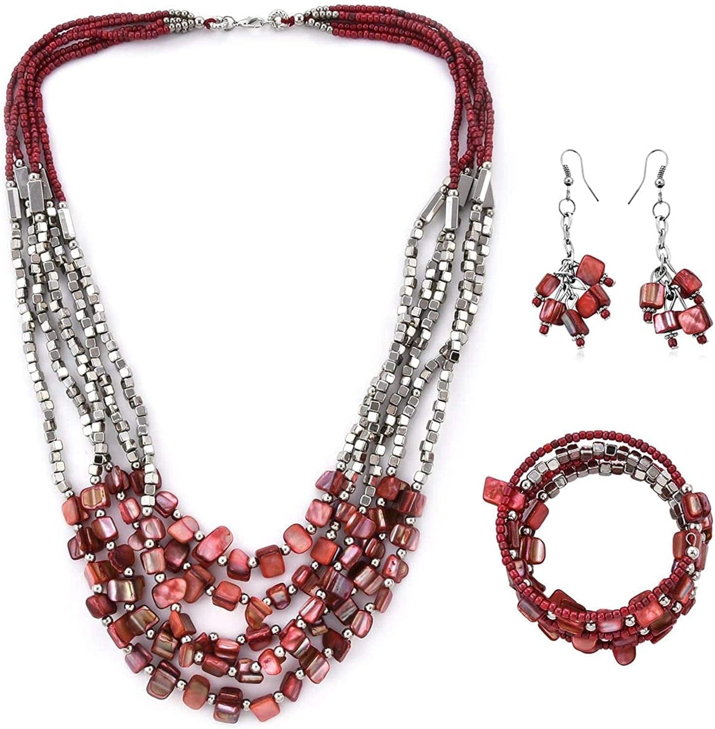 Shop LC Handmade Chunky Beaded Jewelry for Women Seed Bead Necklace Bracelet Earrings Sets Boho Beach Summer Gifts Maroon Red