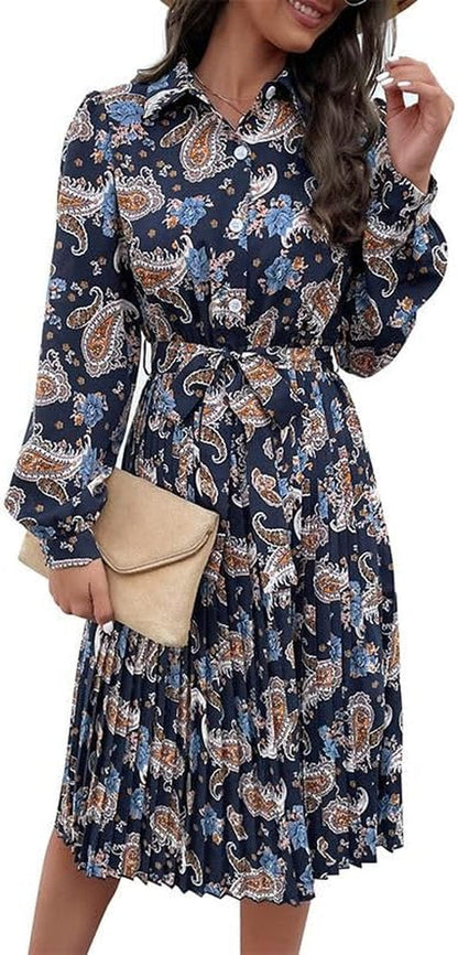 Sicilica Fall, Winter, Spring Boho-Style, Flowy Long Dress with a Leopard Print Blue Paisley / Small