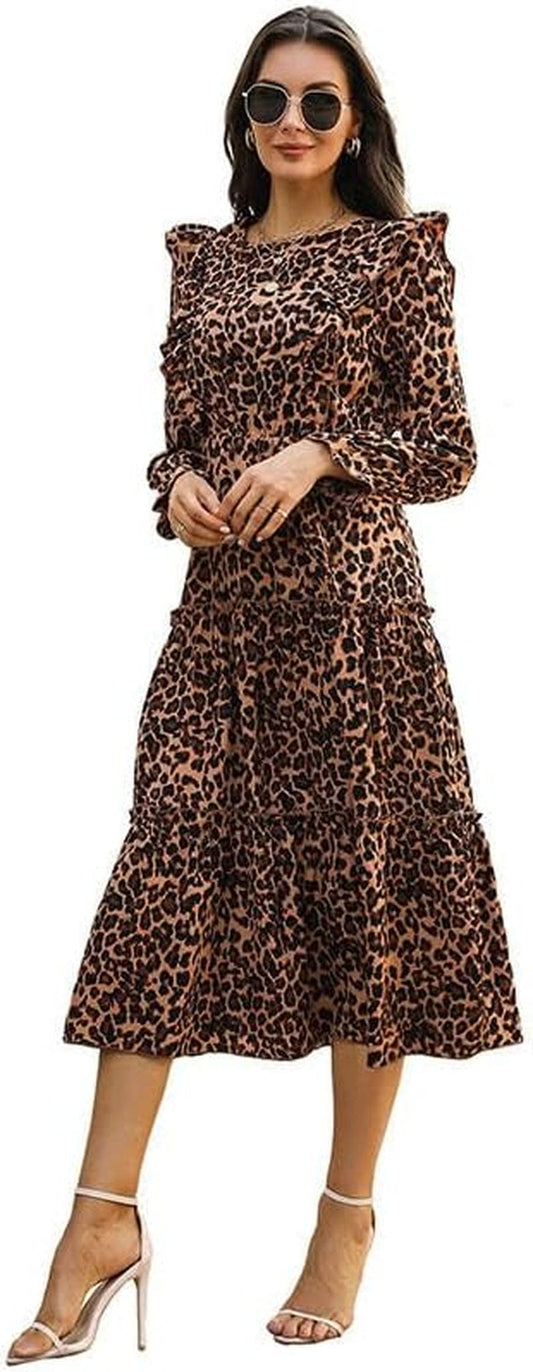 Sicilica Fall, Winter, Spring Boho-Style, Flowy Long Dress with a Leopard Print