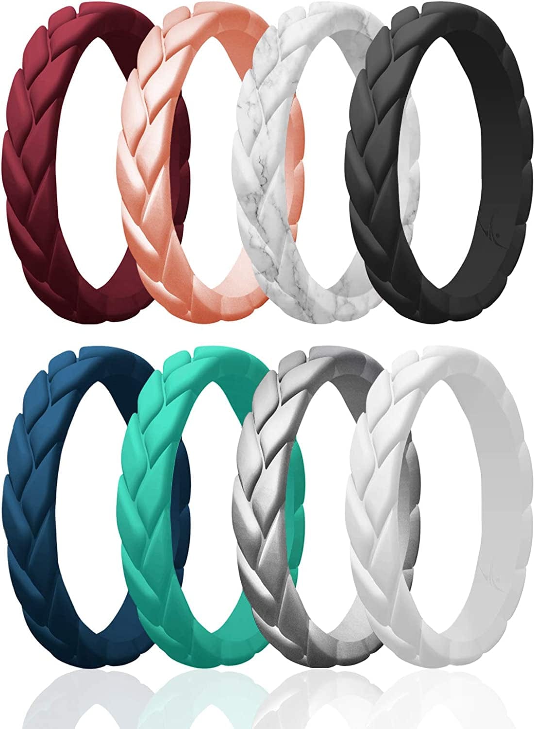 Silicone Rings for Women Thin Womens Silicone Rubber Wedding Rings Bands - Bridal Jewelry Set Promise Rings Anniversary Rings - Flame Leaves Collection - Can Be Used as Stackable Rings Bordeaux, Rose Gold, Marble, Black, Teal, Silver, Blue, White / 8 - 8.5 (18.1mm)