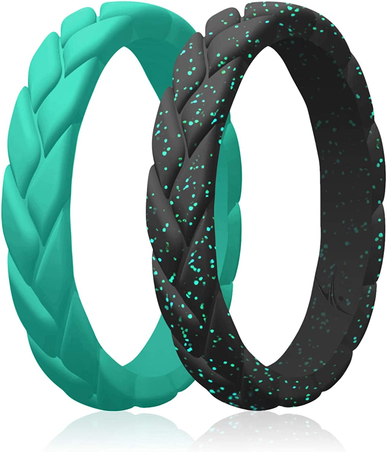 Silicone Rings for Women Thin Womens Silicone Rubber Wedding Rings Bands - Bridal Jewelry Set Promise Rings Anniversary Rings - Flame Leaves Collection - Can Be Used as Stackable Rings Teal, Black with Teal Glitter / 11 - 11.5 (20.6mm)