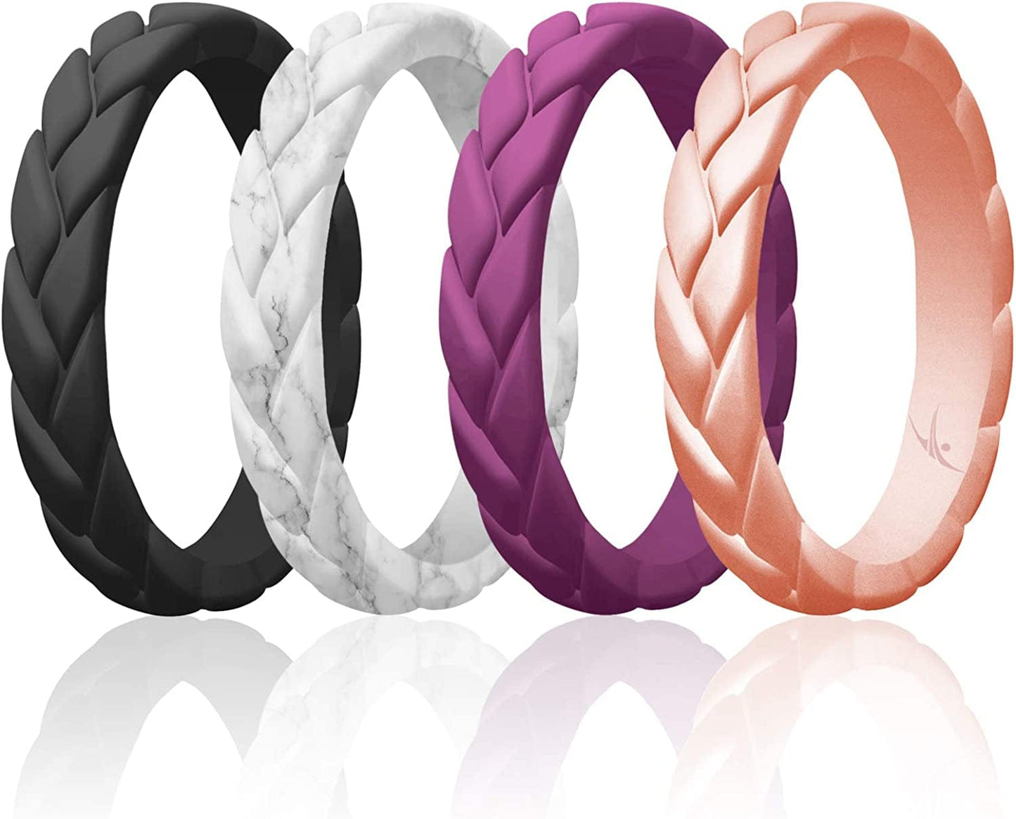 Silicone Rings for Women Thin Womens Silicone Rubber Wedding Rings Bands - Bridal Jewelry Set Promise Rings Anniversary Rings - Flame Leaves Collection - Can Be Used as Stackable Rings Black, Marble, Argaman Purple, Rose Gold / 9 - 9.5 (18.9mm)